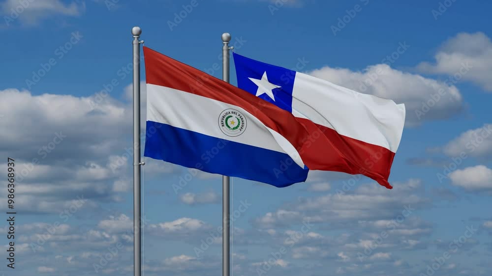 Chile and Paraguay flags flying together, video concept of the relationship, two country relations concept