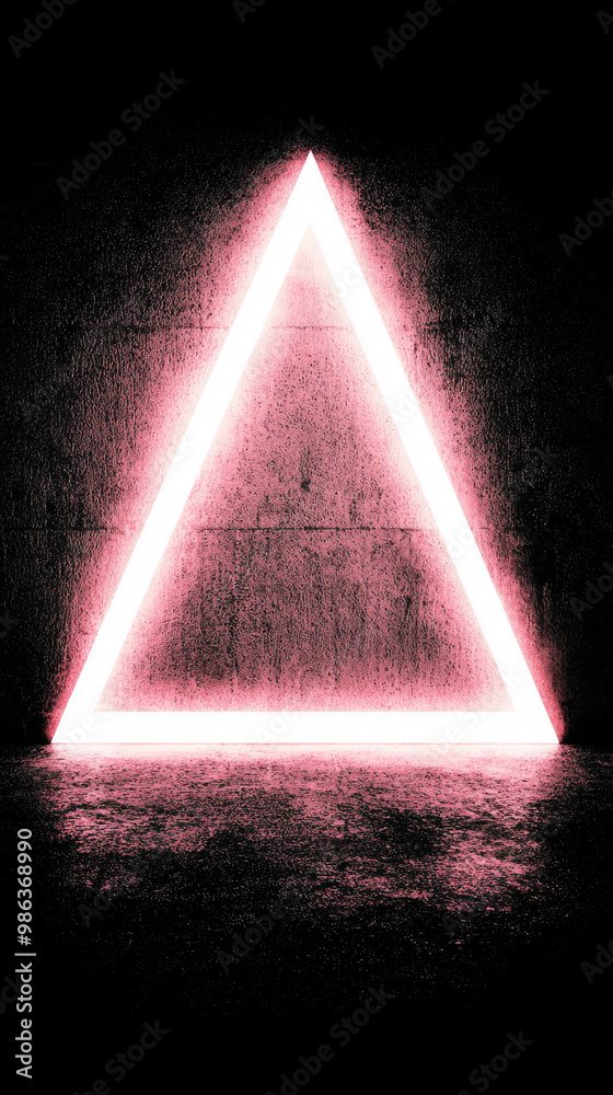 Pink neon triangle glowing on a dark concrete wall. Pink neon triangle glowing on a dark concrete wall.