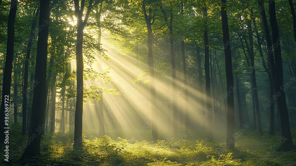 Sunlight Beams Through a Misty Forest Sunlight Beams Through a Misty Forest