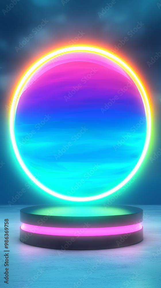 Neon circle glowing over a platform. Neon circle glowing over a platform.