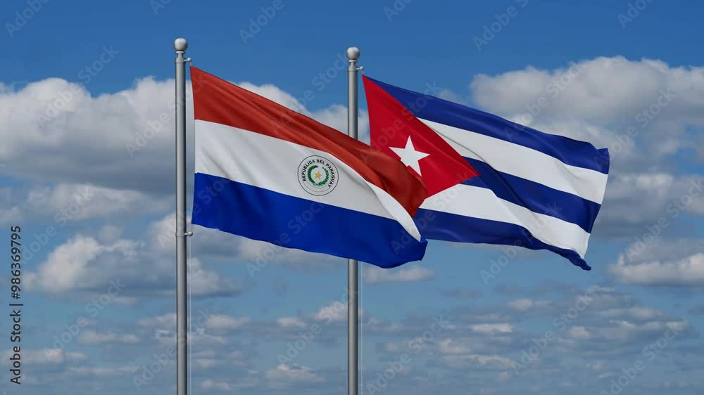 Cuba and Paraguay flags flying together, video concept of the relationship, two country cooperation concept Cuba and Paraguay flags flying together, video concept of the relationship, two country cooperation concept