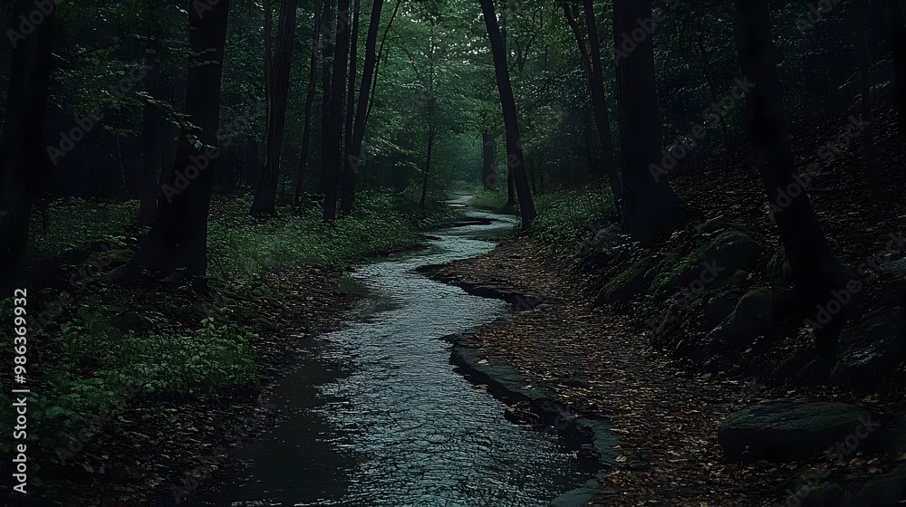 Fototapeta premium Winding Stream through Enchanting Forest Leads Deeper into Secluded Woodland Landscape