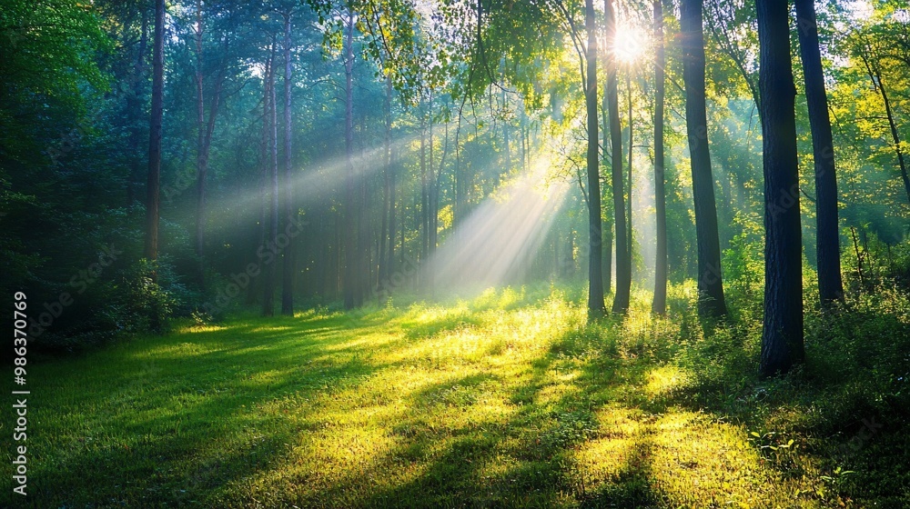 Sunlight Rays Illuminating a Misty Forest Clearing Sunlight Rays Illuminating a Misty Forest Clearing