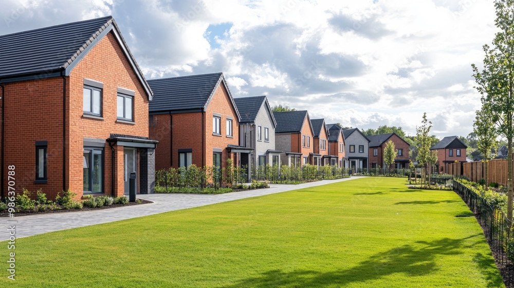 A row of newly built modern homes in the UK, featuring clean brickwork, large windows, and manicured lawns in a quiet suburban neighborhood. A row of newly built modern homes in the UK, featuring clean brickwork, large windows, and manicured lawns in a quiet suburban neighborhood.