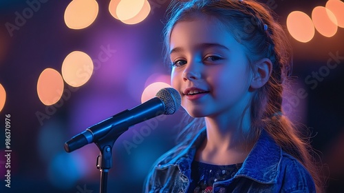 young girl singing at a talent show with a microphone showcasing her creativity and vocal talent during a confident performance in front of a live audience filled with applause