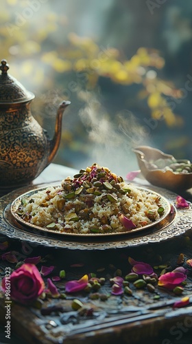 Delicious Bastani Sonnati Persian Dessert with Pistachios and Rose Petals photo