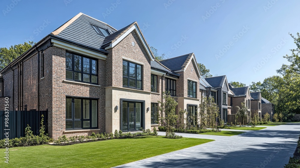 A row of newly built modern homes in the UK, featuring clean brickwork, large windows, and manicured lawns in a quiet suburban neighborhood. A row of newly built modern homes in the UK, featuring clean brickwork, large windows, and manicured lawns in a quiet suburban neighborhood.