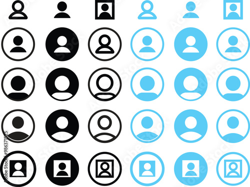 Profile user icons set. Person profile avatar with account symbols. Black and blue Flat, line vectors isolated on transparent background. Icons for application and communication. Social media concept.