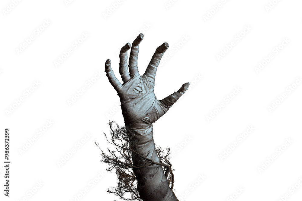 © TSViPhoto - Mummy's hand wrapped in a bandage creepily moving on isolated background. The hand of the mummy monster for Halloween horror concept