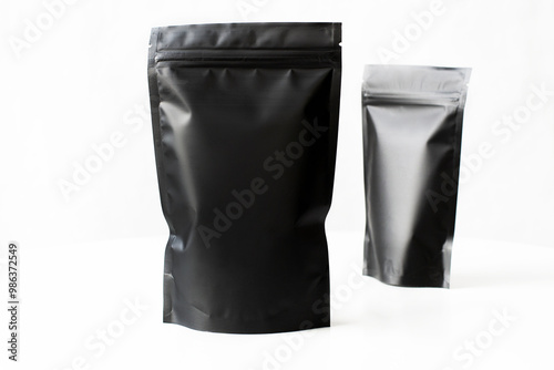 tea or coffee Black premium zip package mockup with the tea blend inside, Doypack template isolated on white wall background