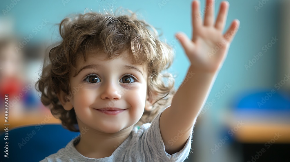 A smiling child with curly hair raises their hand in a classroom setting, eager to participate. A smiling child with curly hair raises their hand in a classroom setting, eager to participate.