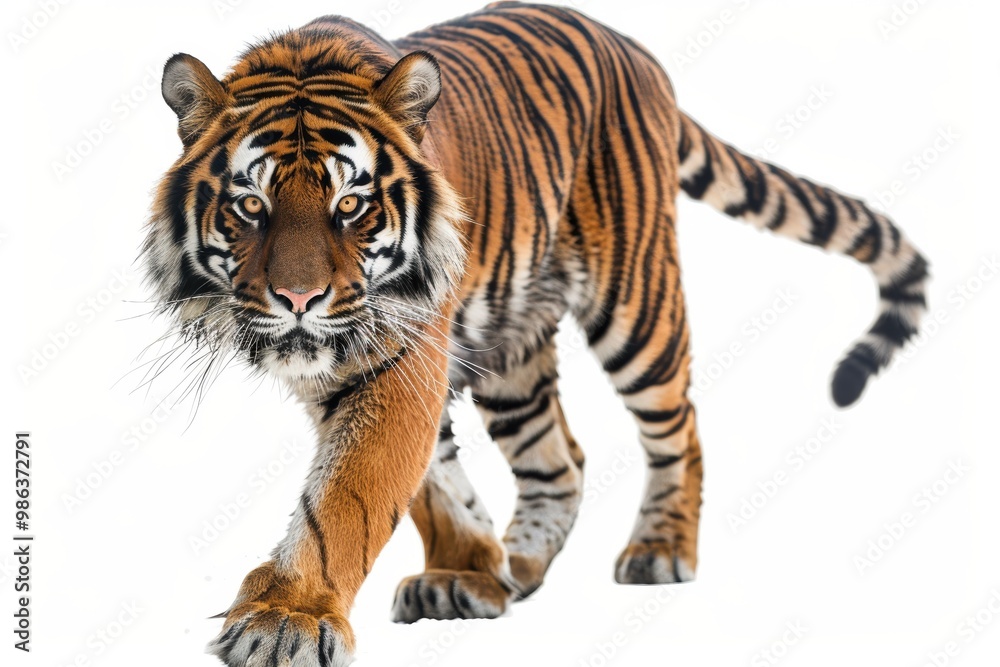 Naklejka premium A tiger is walking on a white background