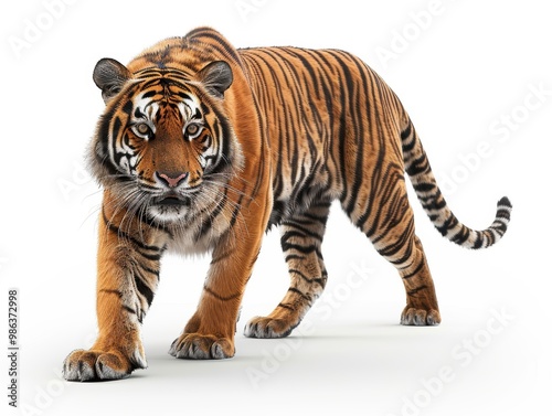 A tiger is walking on a white background