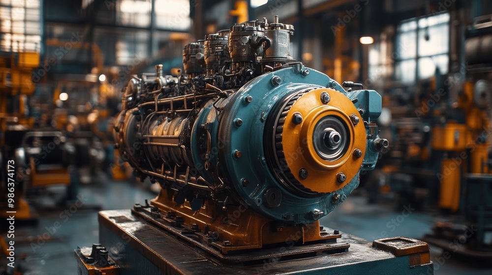 Industrial Engine Close-Up in Factory Setting Industrial Engine Close-Up in Factory Setting