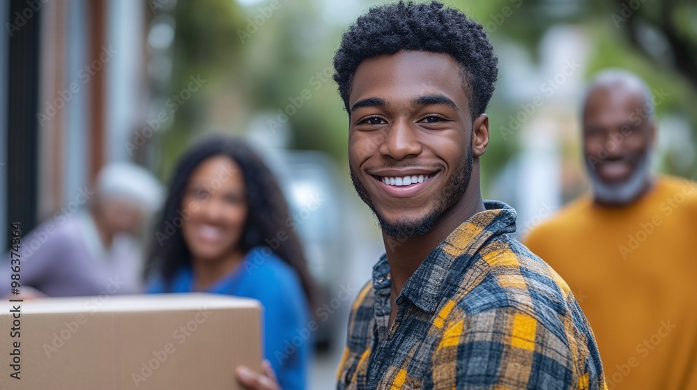 Fototapeta premium family helping african american college student move into the dorm carrying crates and belongings in a smooth and supportive transition to university life and new academic beginnings