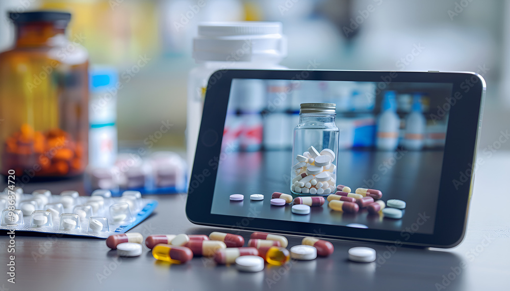 Tablet displaying 'online medicine' with pills and a jar, symbolizing online pharmacy services Tablet displaying 'online medicine' with pills and a jar, symbolizing online pharmacy services
