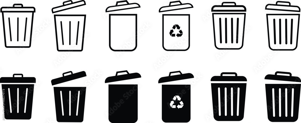 Fototapeta premium Trash bin icons set. Black vectors trash dustbin signs elements. Recyclable Waste Line and flat Designs isolated on transparent background. Waste sorting containers. Suitable for Web Page, Mobile App.