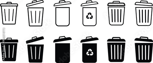 Trash bin icons set. Black vectors trash dustbin signs elements. Recyclable Waste Line and flat Designs isolated on transparent background. Waste sorting containers. Suitable for Web Page, Mobile App.