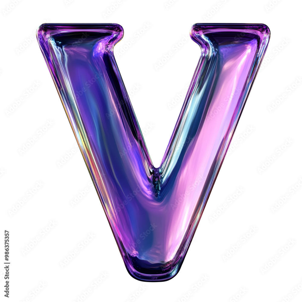 Dark purple Hologram metallic V alphabet Realistic 3D on white background. Generative AI