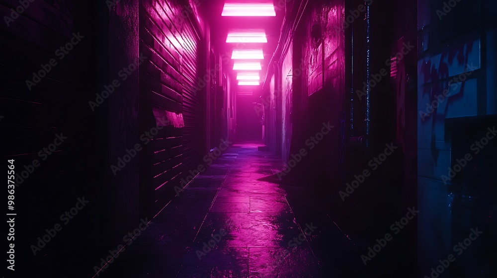 A dimly lit alley with neon lights creating a moody atmosphere. A dimly lit alley with neon lights creating a moody atmosphere.