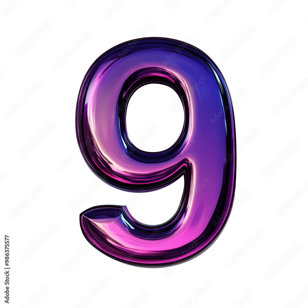 Dark purple Hologram metallic 9 number alphabet Realistic 3D on white background. Generative AI Dark purple Hologram metallic 9 number alphabet Realistic 3D on white background. Generative AI