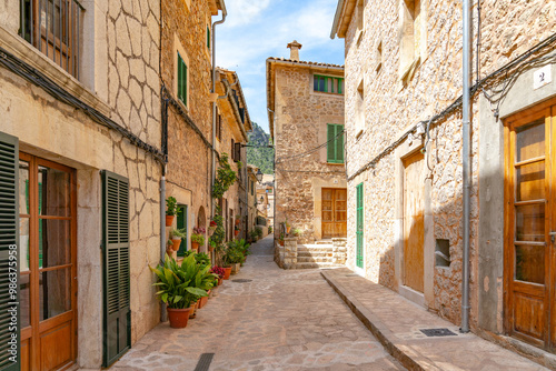 Gasse voller Pflanzen in Töpfen an den Hauswänden Valldemossa auf der spanischen Baleareninsel Mallorca 