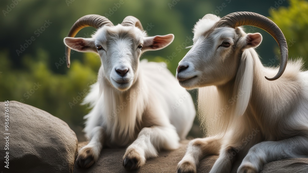 Two mountain goats with prominent horns interact on rocky outcroppings amidst lush greenery and a clear blue sky. Two mountain goats with prominent horns interact on rocky outcroppings amidst lush greenery and a clear blue sky.