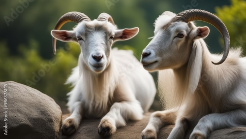 Two mountain goats with prominent horns interact on rocky outcroppings amidst lush greenery and a clear blue sky.