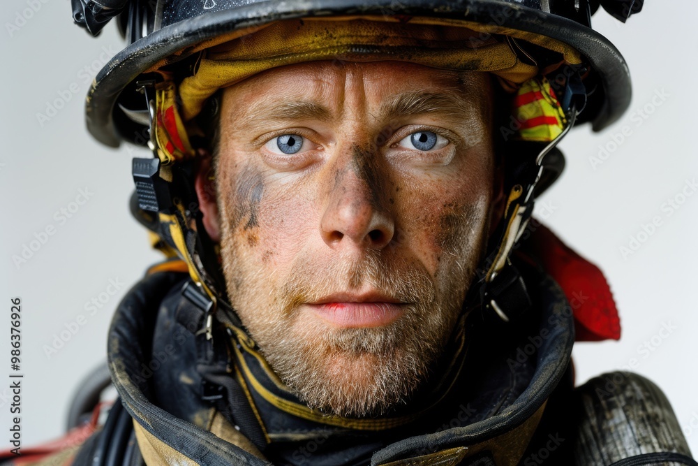 A firefighter with a helmet and a red and yellow bandana on his head A firefighter with a helmet and a red and yellow bandana on his head