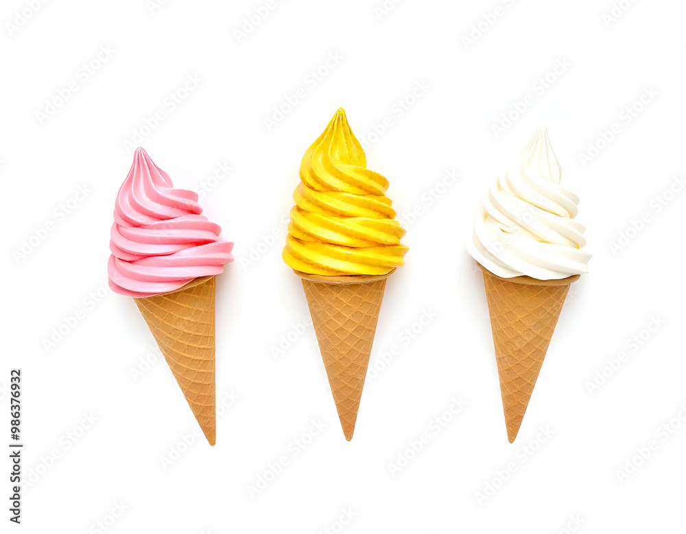 Assorted ice cream cones with pink, yellow, and white soft, A row of various ice cream scoops in waffle cones, including pink, yellow, and brown flavors , white background Assorted ice cream cones with pink, yellow, and white soft, A row of various ice cream scoops in waffle cones, including pink, yellow, and brown flavors , white background