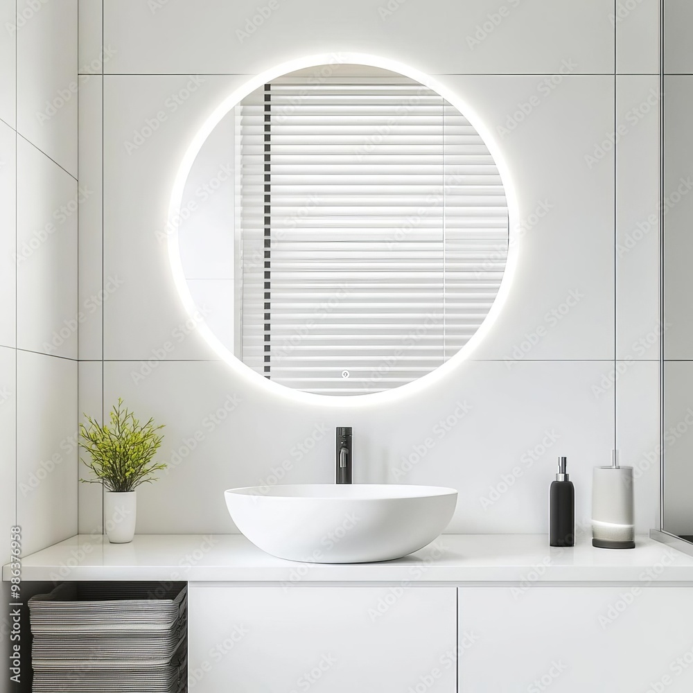 Fototapeta premium Frameless circular mirror with built-in lighting in a white minimalist bathroom, minimalist bathroom mirror, sleek simplicity