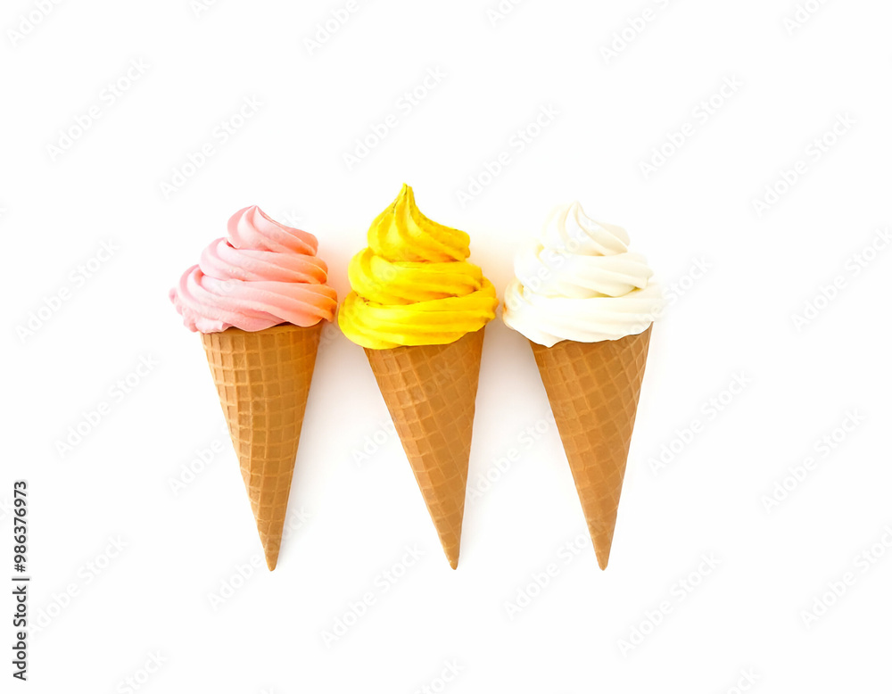 Assorted ice cream cones with pink, yellow, and white soft, A row of various ice cream scoops in waffle cones, including pink, yellow, and brown flavors , white background Assorted ice cream cones with pink, yellow, and white soft, A row of various ice cream scoops in waffle cones, including pink, yellow, and brown flavors , white background