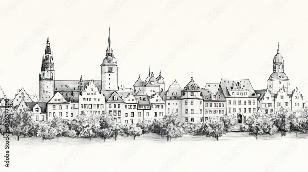 Obraz premium Paderborn, Germany, black and white pen pencil hand-drawn effect drawing illustration for travel poster, card, wallpaper, backdrop or banner. Modern, clear, artistic and simple
