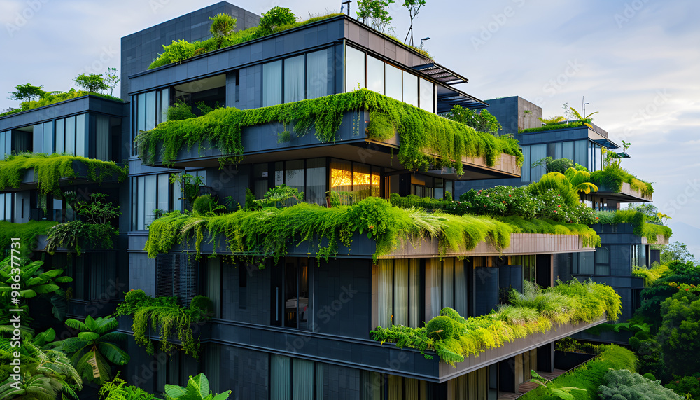 Modern eco-friendly building with green roofs and lush vegetation, showcasing sustainable architectural design Modern eco-friendly building with green roofs and lush vegetation, showcasing sustainable architectural design