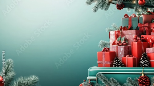 A banner illustration with copy space for text of a car boot/ trunk filled with Christmas present, gift boxes with a Christmas theme background transparent background photo