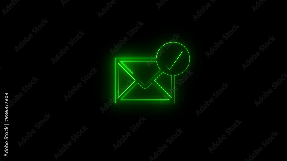 Glowing neon Email icon with check sign indicates message status. 