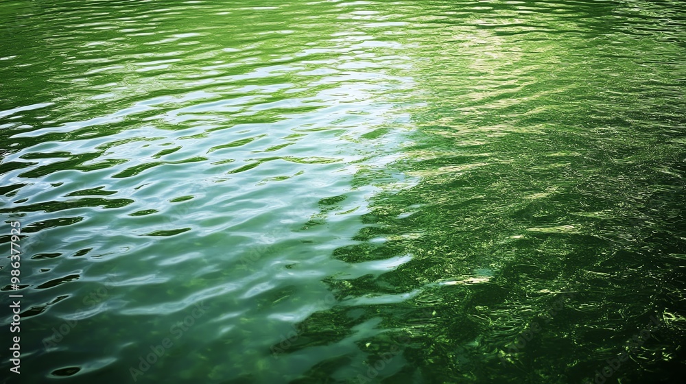 Serene green water surface with gentle ripples reflecting light, creating a calm and peaceful atmosphere in nature.