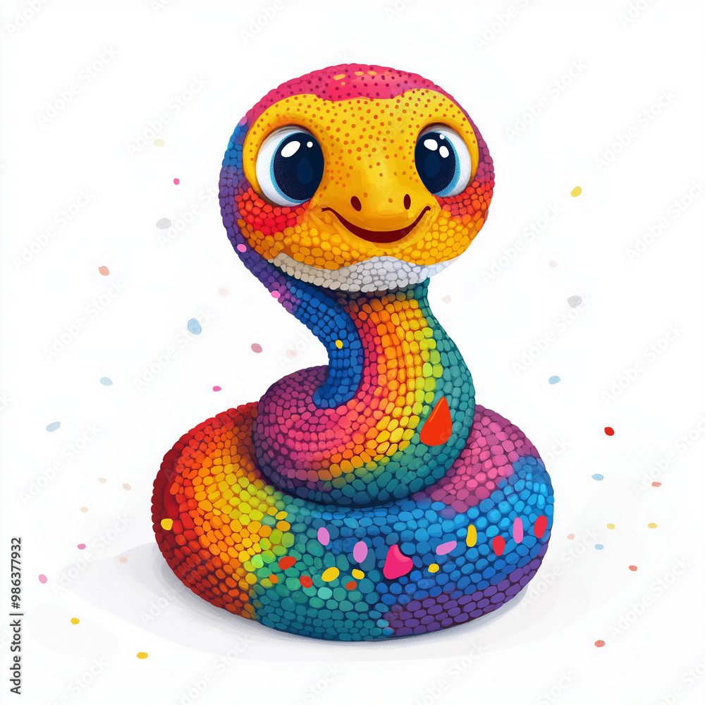 Fototapeta premium Colorful cartoon snake with friendly expression and fun design on white background