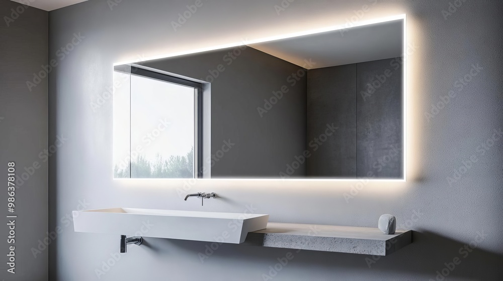 Frameless rectangular mirror with recessed lighting in a concrete-look bathroom, minimalist bathroom mirror, urban simplicity Frameless rectangular mirror with recessed lighting in a concrete-look bathroom, minimalist bathroom mirror, urban simplicity