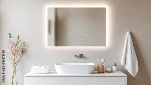 Frameless rectangular mirror with integrated lighting in a beige minimalist bathroom, minimalist bathroom mirror, warm elegance