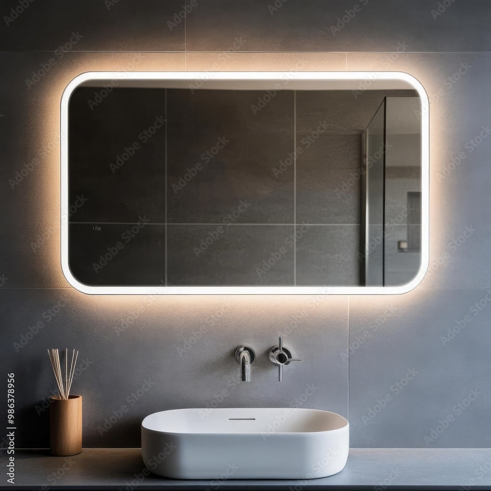 Fototapeta premium Frameless rectangular mirror with built-in lighting above a white vanity, minimalist bathroom mirror, sleek modern design