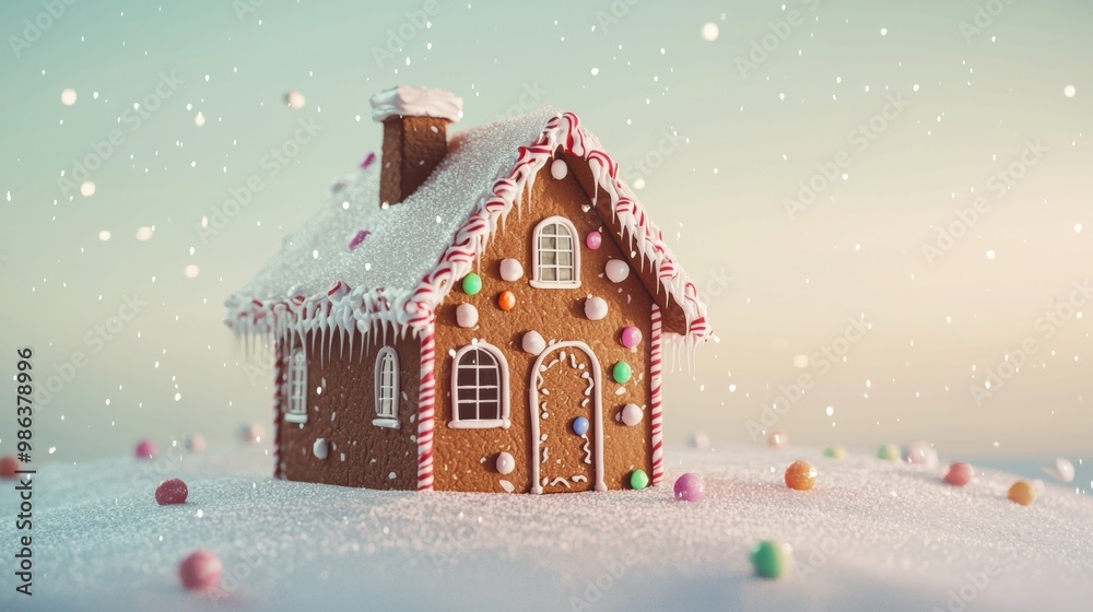Naklejka premium Gingerbread house with candy cane decorations is standing in the snow on a soft green background. Snow is gently falling