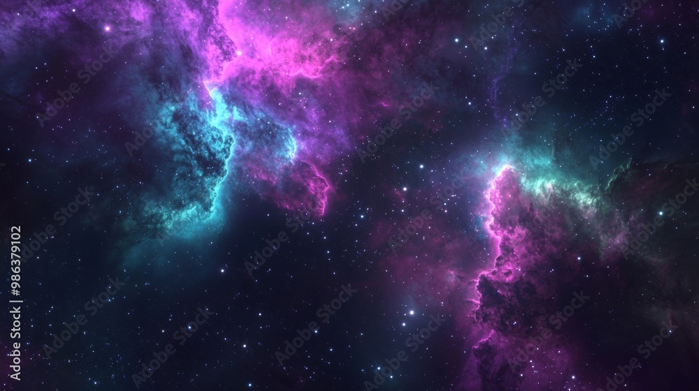 Obraz premium Swirling purple and teal nebula clouds in deep space, creating a mesmerizing backdrop evoking wonder and awe, capturing exploration and infinite possibilities