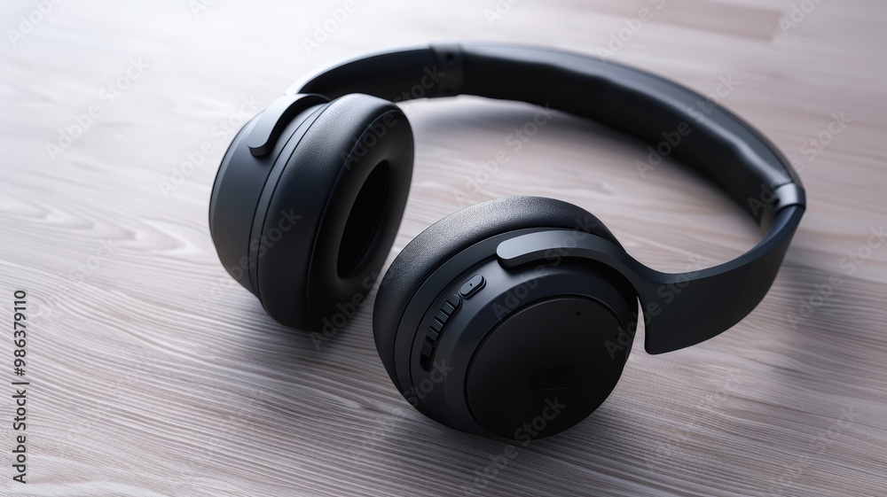 A pair of black over-ear headphones placed on a light wooden surface, showcasing modern audio technology and minimalist design. A pair of black over-ear headphones placed on a light wooden surface, showcasing modern audio technology and minimalist design.