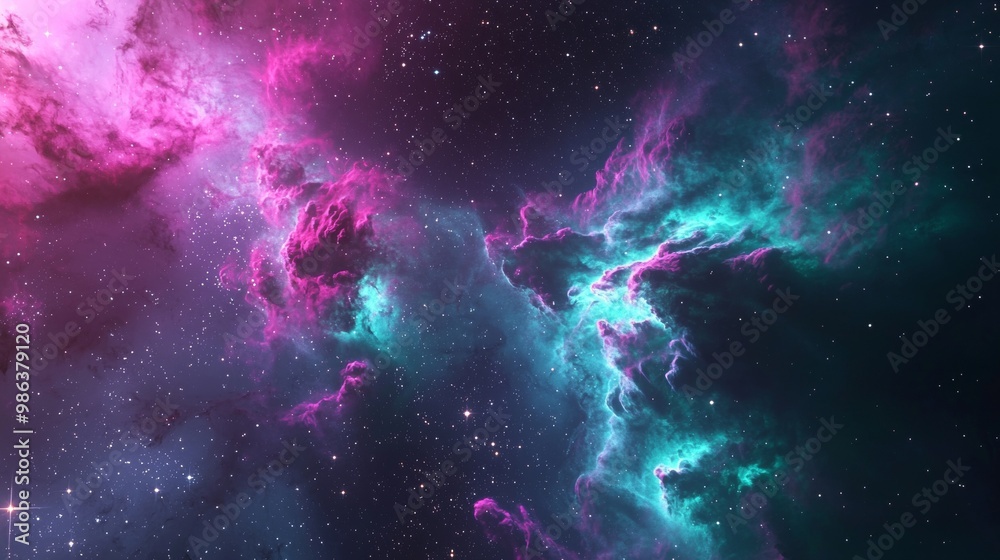 Fototapeta premium Swirling pink and turquoise nebula clouds in the vast universe create a mesmerizing cosmic sight, blending colors beautifully with twinkling stars in the background