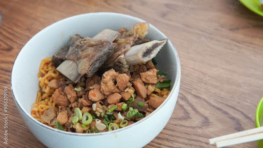 Short rib noodle in a white bowl Short rib noodle in a white bowl