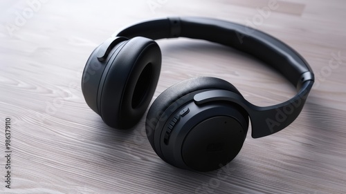 A pair of black over-ear headphones placed on a light wooden surface, showcasing modern audio technology and minimalist design.