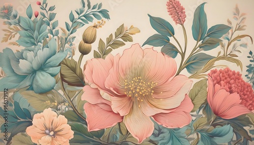Vintage floral motifs with pastel background tones