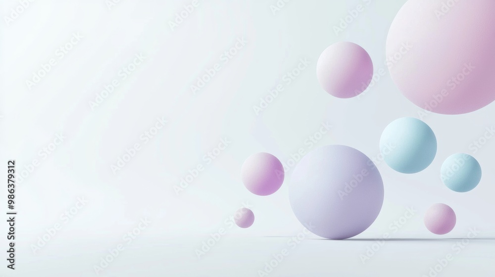 Serene composition featuring 3d spheres in soft pastel hues, delicately floating above a pristine white surface. The image evokes a sense of tranquility and minimalist elegance Serene composition featuring 3d spheres in soft pastel hues, delicately floating above a pristine white surface. The image evokes a sense of tranquility and minimalist elegance