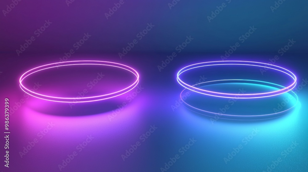 Vibrant neon circles glow in pink and blue on a reflective surface, creating a modern design with a retro vibe. Ideal for banners, posters, or ads Vibrant neon circles glow in pink and blue on a reflective surface, creating a modern design with a retro vibe. Ideal for banners, posters, or ads
